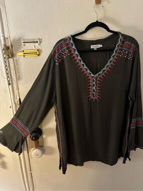 Time for Me Moss Green V-Neck Embroidered Tunic with Pink and Teal Accents